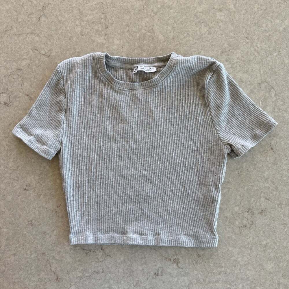 Zara Women's Grey Ribbed Crewneck Short Sleeve Crop Top